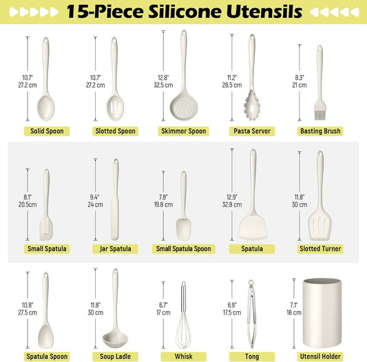 Homikit Kitchen Utensils Set, 15pcs Silicone Cooking Utensil Heat Resistant Spatula Set with Holder for Nonstick Cookware, Useful Kitchen Gadgets & Pots and Pans Accessories, White