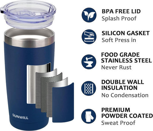 SUNWILL Travel Coffee Tumbler 20 oz, Insulated Mug with Lid, Stainless Steel Cup for Outdoor, Powder Coated Navy