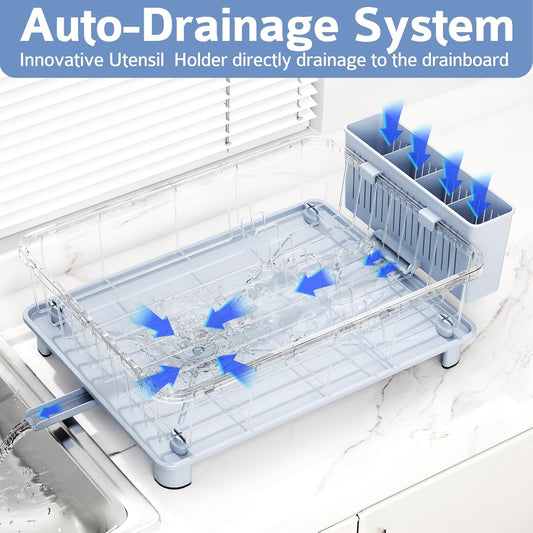 Blue Dish Drying Rack, Dish Rack,Space-Saving Dish Racks for Kitchen Counter with Utensil Holder,Gifts for Women Mothers Day, Kitchen Gadgets & Decor