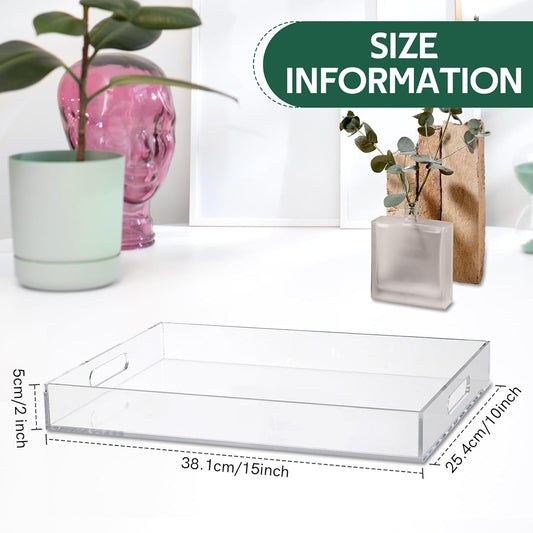MYFULLY Clear Acrylic Serving Tray 10”x15”, Spill-Proof Decorative Serving Trays with Handles for Coffee Table, Bathroom, Kitchen, and Countertop Storage