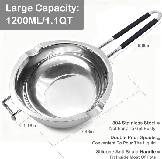 1200ML/1.1QT Double Boiler Pot With 2 Pack of Silicone Chocolate Bar Molds, Stainless Steel Chocolate Melting Pot with Non-Stick Chocolate Molds for Dubai Pistachio, Candy, Snacks