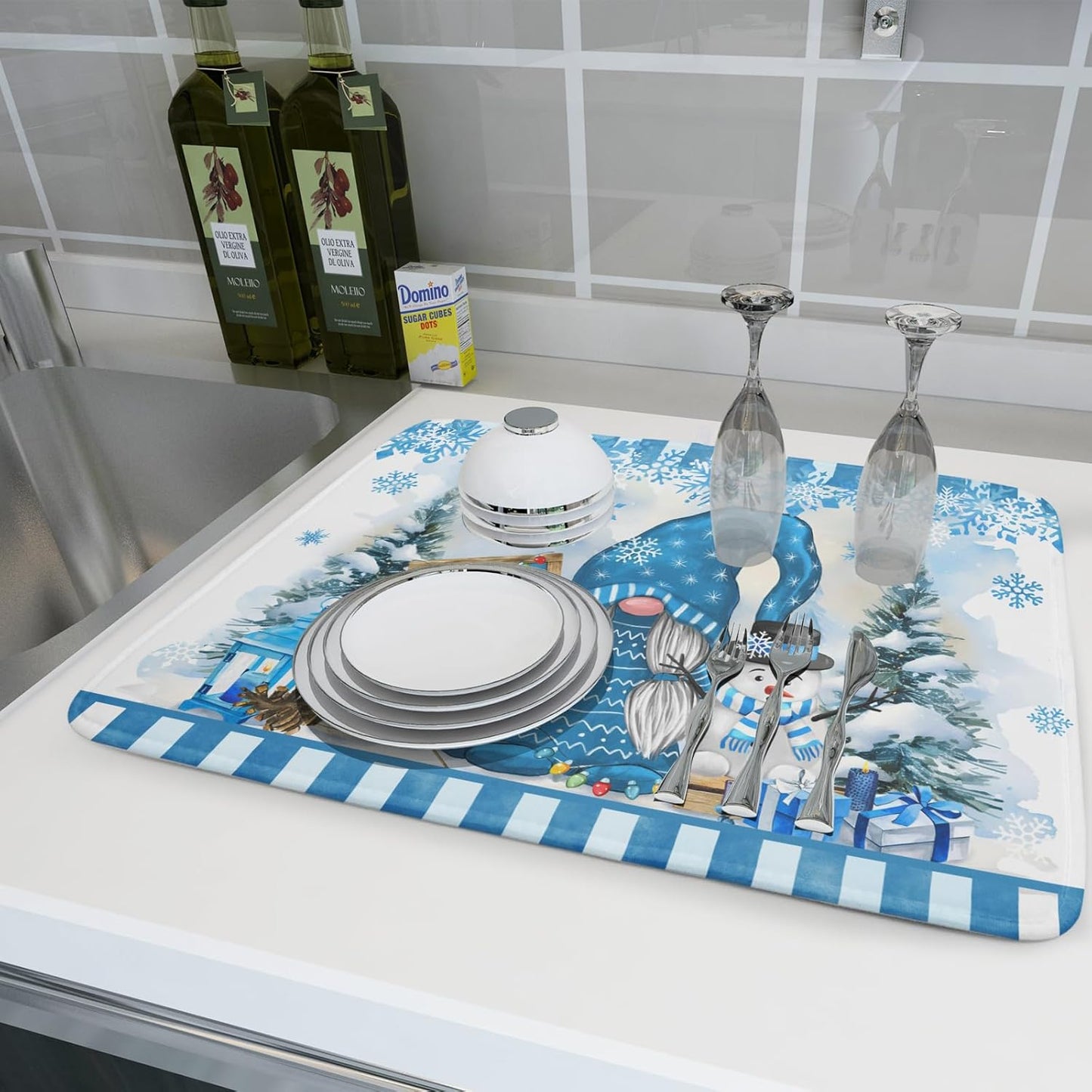 Winter Gnome Dish Drying Mat for Kitchen Counter Christmas Tree Snowman Snowflake Dish Drainer Farmhouse Dish Drainer Rack Mats Pad Heat Resistant Foldable Absorbent, 24x18 Inch