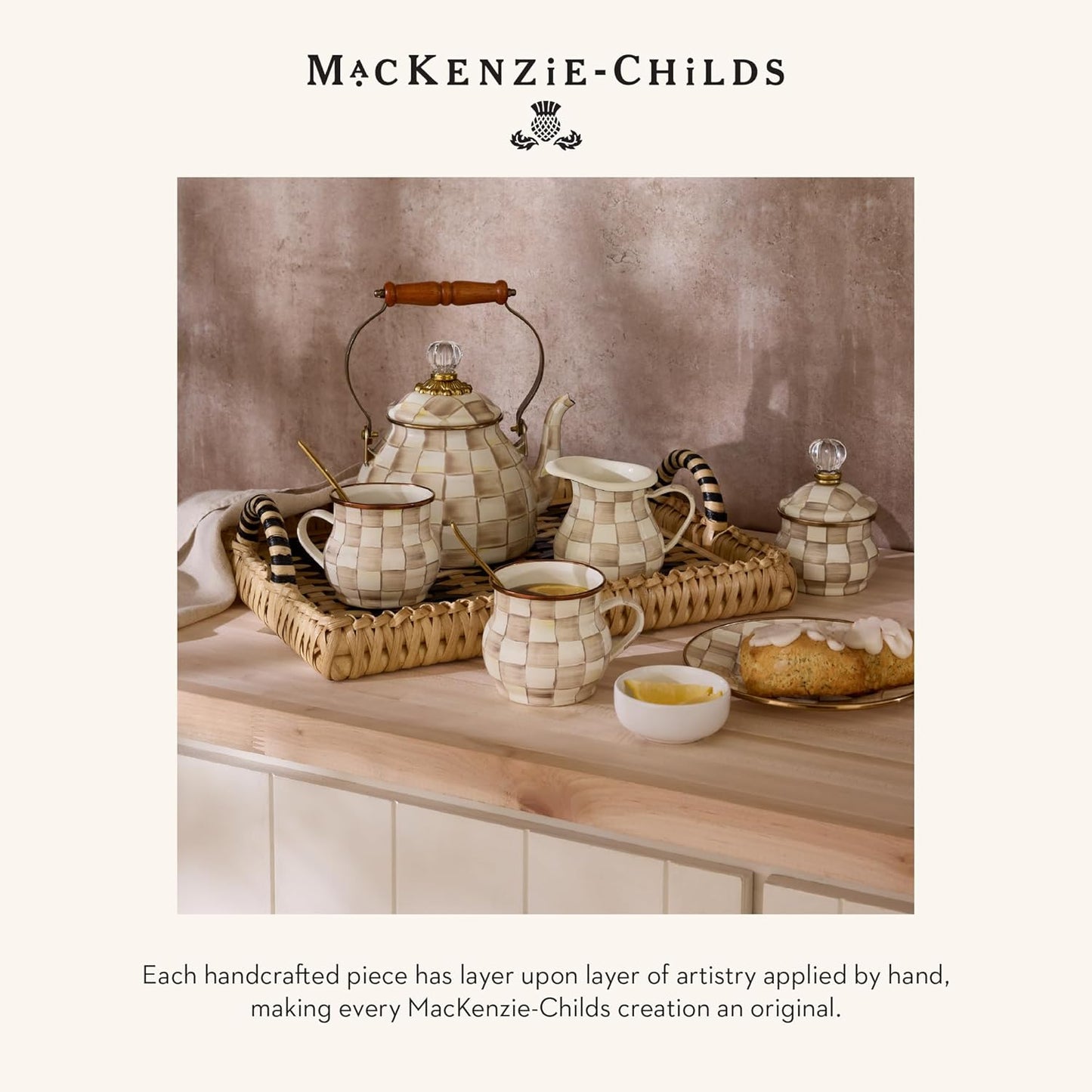 MACKENZIE-CHILDS Enamel Everyday Bowl, Serving Bowl for Entertaining, Small, Brown-and-White Mocha Check