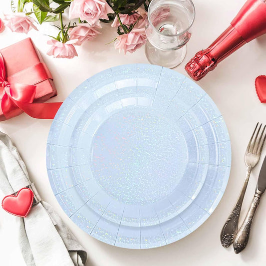 50 Pcs Iridescent Light Blue Paper Plates 25 × 7'' and 25 × 9'' Disposable Blue Shiny Holographic Foil Dinner Plates for Wedding Baby Shower Birthday Disco Party Glitter Dessert Plate