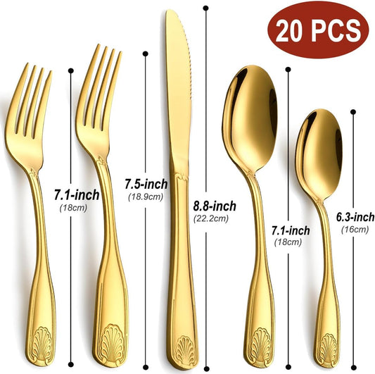 Gold Flatware Set for 4, Stainless Steel Silverware, 20-Piece Cutlery with Shell Design Pattern, Fork Spoon Knife Set, Dishwasher Safe