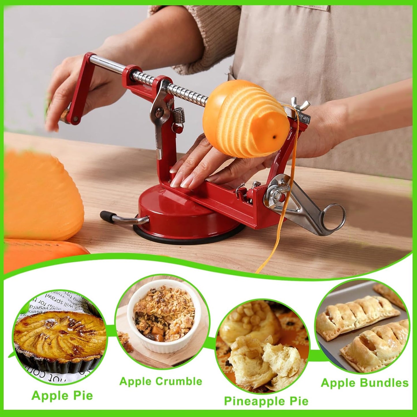 Apple Peeler Corer, Long lasting Chrome Cast Magnesium Alloy Apple Peeler Slicer Corer with Stainless Steel Blades and Powerful Suction Base for Apples and Potato(Deep Red)