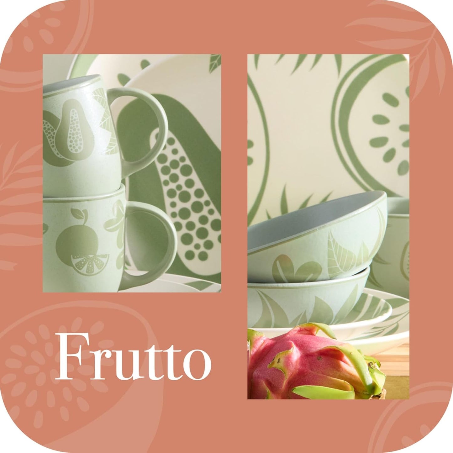 Corona 16–piece Green Tropical Fruit Design Ceramic Dinnerware Sets | Plates, Bowls and Mugs | Service For 4 | Frutto