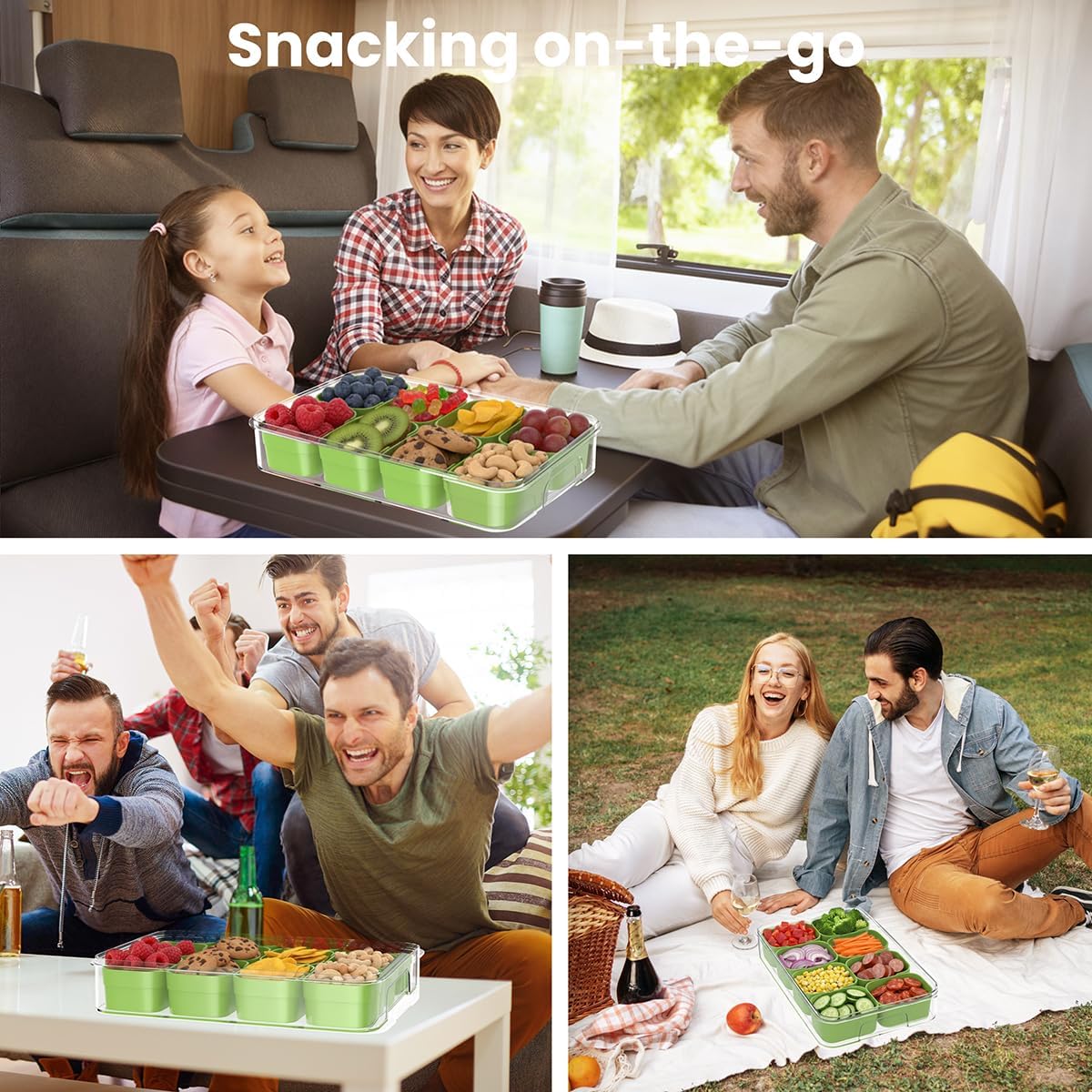 2 Pack Food Divided Storage Containers-Snackle Box Large Charcuterie Container for Portable Fridge Snack Platters-Reusable 12 Compartment Clear Storage with Lid and Handle Organizer(Green)