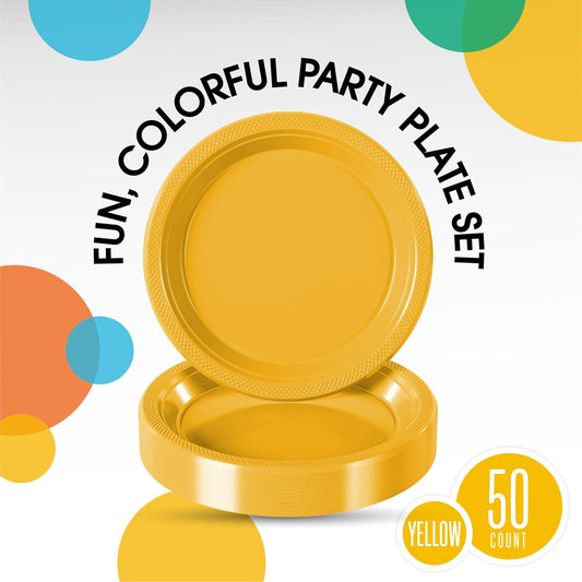Exquisite Party Solids Yellow Plastic Plates For Party Supplies 10" Yellow Disposable Plates Heavy Duty 50 Pcs Plastic Dinnerware Sets Heavy Duty 350 GSM Disposable Dinnerware Set