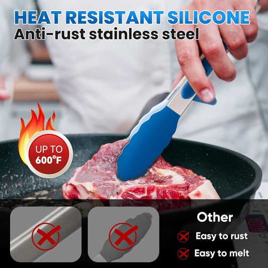 5-Pack Silicone Tongs for Cooking,Maywe Tanso 4PCS 13-Inch Kitchen Tongs with Silicone Tips,Nonstick Stainless Steel Tong for Steak Pie Pizza Pasta Spaghetti Salad BBQ Buffet,Plus Brush