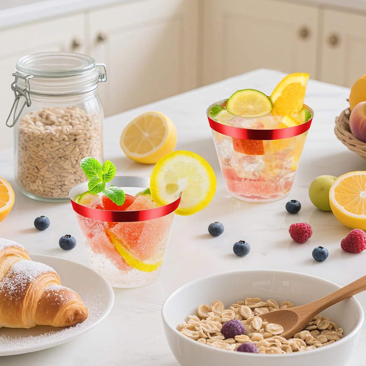 100pcs Red and Clear Plastic Cups, 9oz Plastic Cups Red Rimmed Disposable Cocktail Glasses Fancy Disposable Cup Drinking Tumblers Shot Cup for Wedding Party