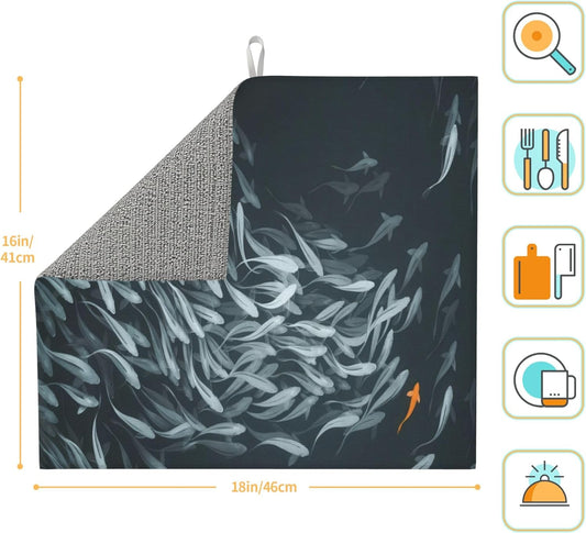 Japanese Fish Dish Drying Mat 16x18 Inch, Microfiber Absorbent Fast Dry Mat Artistic Painting of Fish Large Dish Mat Drying Kitchen Mat, Kitchen Drying Pad for Kitchen Counter Coffee Bar Decor