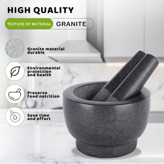 Mortar and Pestle Set,Heavy Duty,Unpolished Granite,6Inch-2Cup Capacity,Grinder for Spices and Seeds,Grinding,Crushing and Mashing Spices,Nuts,for Guacamole,Garlic Sauce,Black..