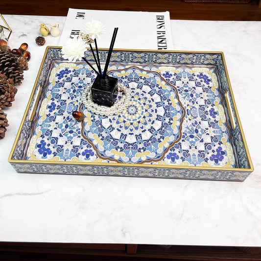 Blue Decorative Tray, Serving Tray with Handles, Plastic Large Tray for Coffee Table, Living Room, Decor, 15.7”*11.8”*1.6"