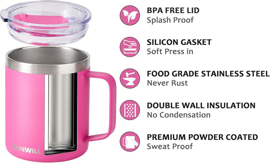 SUNWILL Insulated Coffee Mug with Lid, Travel Tumbler with Handle, 14 oz Stainless Steel Cup for Home, Office, Camping, Powder Coated Magenta