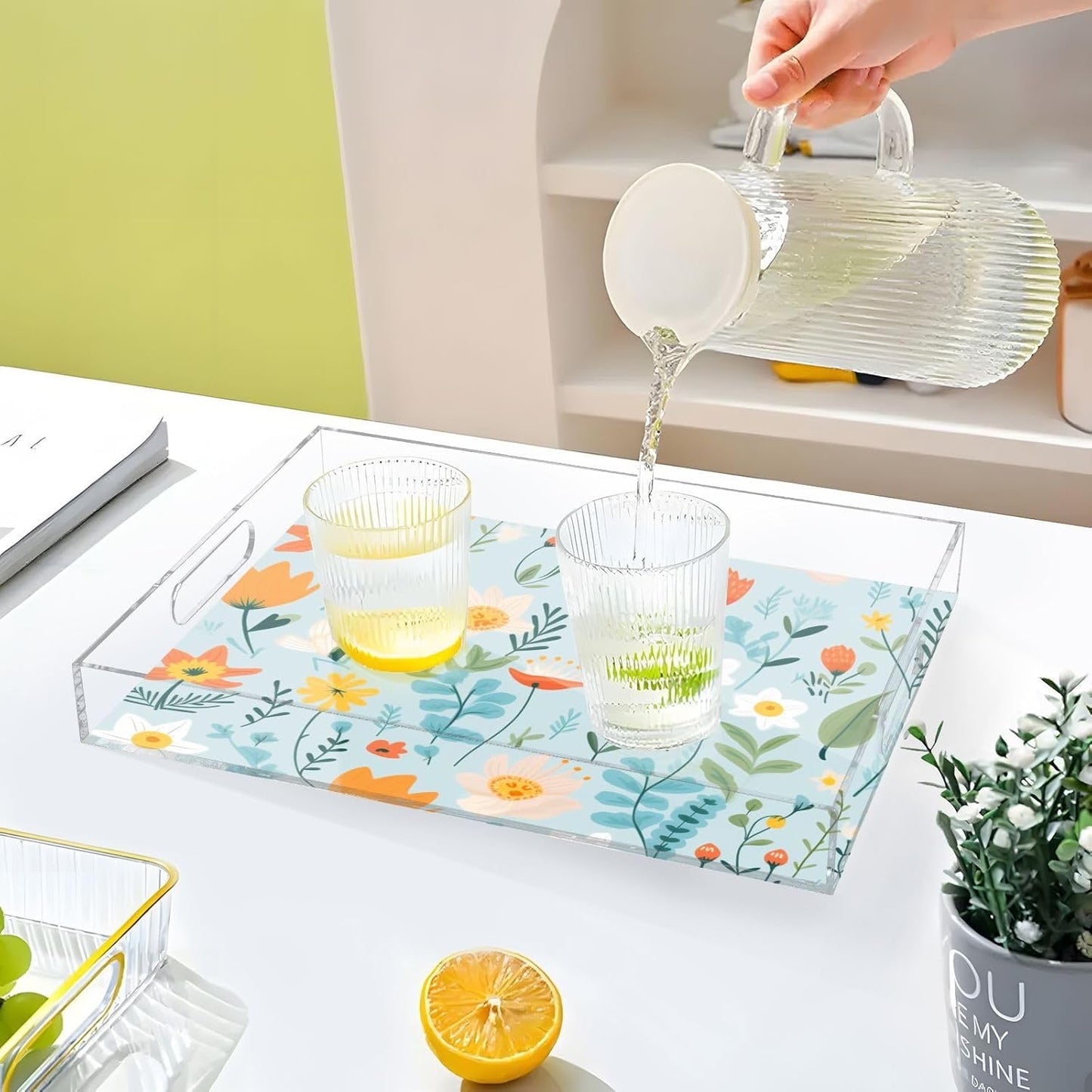 Acrylic Serving Tray with Handles Spill Proof Kitchen Storage Tray Clear Decorative Tray Makeup Drawer Organizer Storage Tray for Bathroom Living Room Ottoman 15.7x11.8Inches