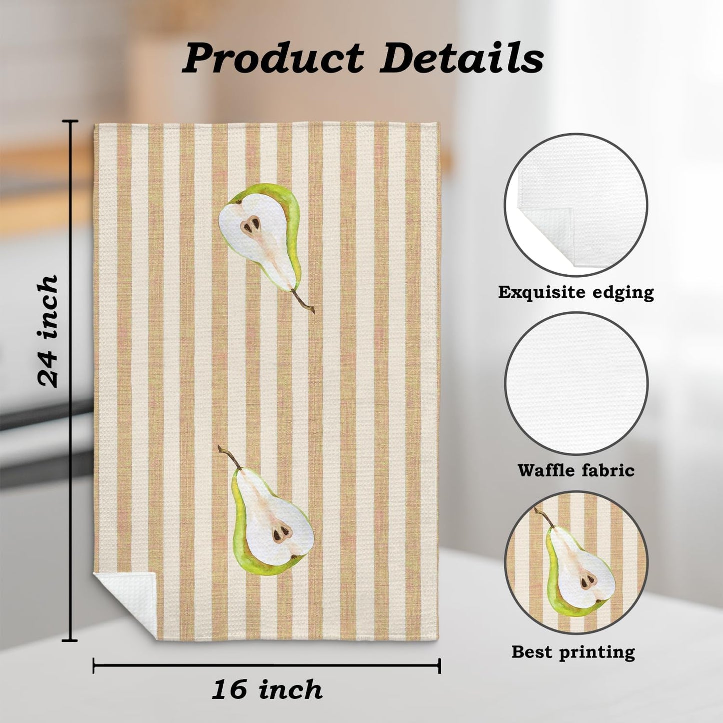 Pear Fruit Kitchen Towels, Beige Striped Pear Dish Tea Towels for Kitchen Decor, Gifts for Fruit Lovers Decorative Hand Towel, 16x24 Inch