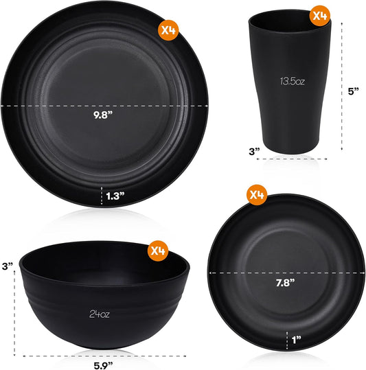 Wheat Straw Dinnerware Sets | Unbreakable Dinnerware Sets | Dishwasher Microwave Safe Dinnerware | Eco Friendly Non Breakable Dinnerware Sets | RV Outdoor Camping (Black, Service for 4 (16 pcs))