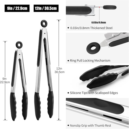 Doosu Kitchen Tongs for Cooking - 600°F Heat Resistant Food Tong Set with Non-Scratch Silicone Tips, Heavy Duty Stainless Steel Locking Tong for BBQ, Grilling Steak, Serving Salad (9+12in, Black)
