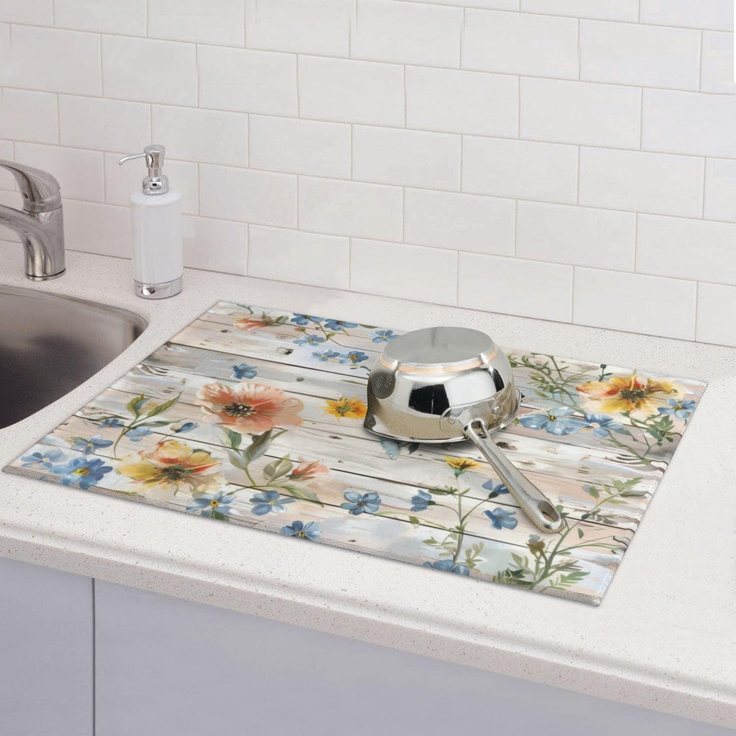 Flowers on Wooden Board Dish Drying Mat 18x24 Inch, Microfiber Absorbent Fast Dry Mat Floral Large Dish Mat Drying Kitchen Mat, Kitchen Drying Pad for Kitchen Counter Coffee Bar Decor Gifts