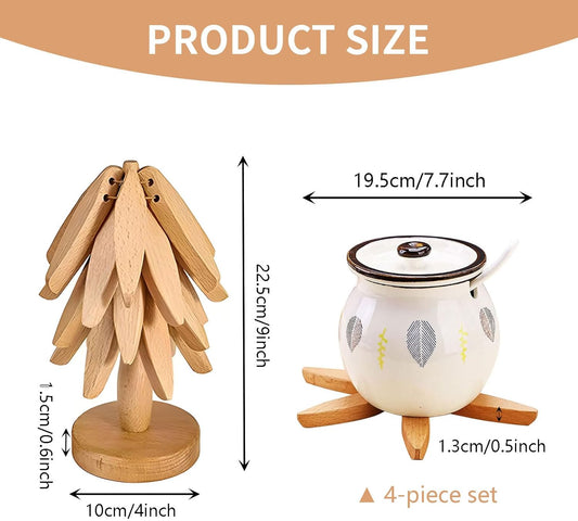 Generic Wooden Trivets for Hot Dishes with 4 Beech Wood Hot Plate Mats, Used as Jungle Theme Decorations and for Table Protection for Hot Dishes/Pots/Bowls/Teapots/Drinks/and Plates, LIN-HAO001