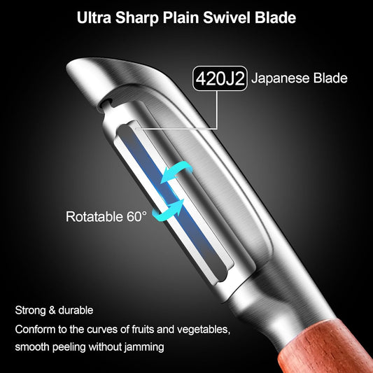 Vegetable Peeler Stainless Steel, Premium Potato Peelers for Kitchen, Ultra Sharp Rotary Blade Fruit & Veggie Peeler, Apple Peeler, I Shaped Peeler Real Wood Non-Slip Handle(5 Years Warranty)