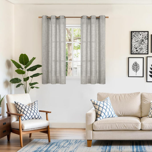 YoungsTex Dark Grey Linen Curtains 48 Inch Length for Short Window, Light Filtering Semi Sheer Drapes with Bronze Grommet for Living Room Kitchen Bathroom Bedroom, 2 Panels, 42 X 48 Inch