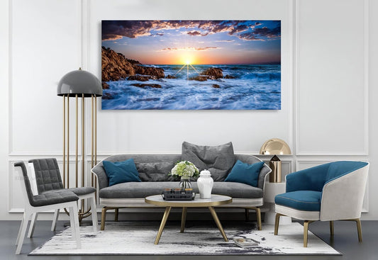 Muolunna S05875 Wall Art Decor Canvas Print Picture Sunset Blue Ocean 1 Panel Sea Waves Scenery Painting Artwork for Office Wall Decor Home Decoration Stretched and Framed Ready to Hang 30x60inch