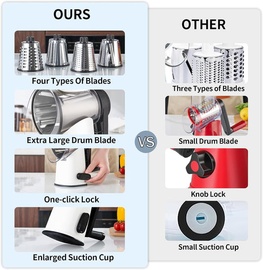 VEKAYA Cheese Grater, Cheese Grater Hand Crank, 4 Interchangeable Blades Cheese Shredder, Vegetable Slicer, Non-slip Suction Base, Easy to Clean Rotary Grater with Handle (White)