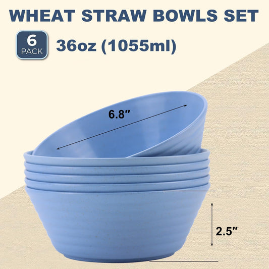Wrova Wheat Straw Bowl Sets,6 PCS Unbreakable Cereal Bowl 36 OZ,Microwave and Dishwasher Safe Bowls,Kitchen Bowls for Serving Soup,Oatmeal and Salad (Sky Blue)