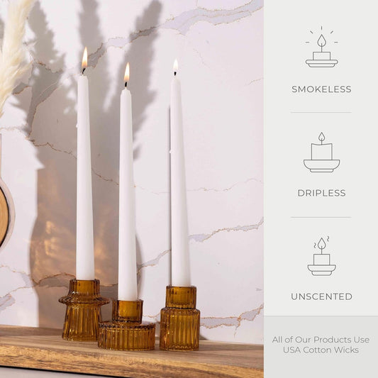 Bask 10-inch Taper Candles - Unscented and Dripless - Burns for 8 Hours - Home Decor for Dinner Table, Kitchen, and Bedroom - Perfect for a Romantic Date or Anniversary - 30-Pack - Ivory