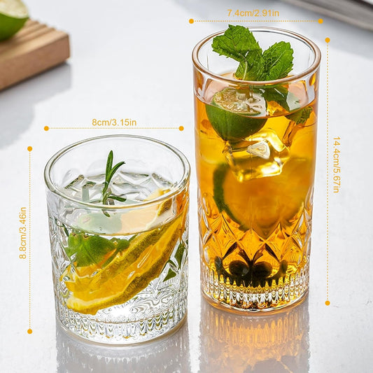 YULEER Drinking Glasses Set of 8, Glassware Drink Set, 4pcs 12oz Highballs and 4pcs 10oz Whiskey Glasses, Crystal Glass Cups Dishwasher Safe for Juice, Cocktail, Beer, and other Beverages