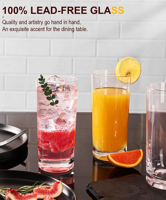 Drinking Glasses Set of 8, 16 oz Water Glasses, Wide Mouth Design Lead-Free Crystal Highball Glassware, Tall Glass Cups for Cocktail Parties, Family Dinners, and Tom Collins Bar Glassware