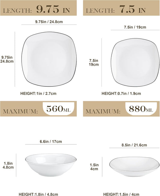 MALACASA Dinnerware Sets, 24 Piece Porcelain Square Dishes, White with Black Rim Plates and Bowls Sets, Ceramic Dish Set for 6, Chip Resistant Dishware Sets, Series ELISA