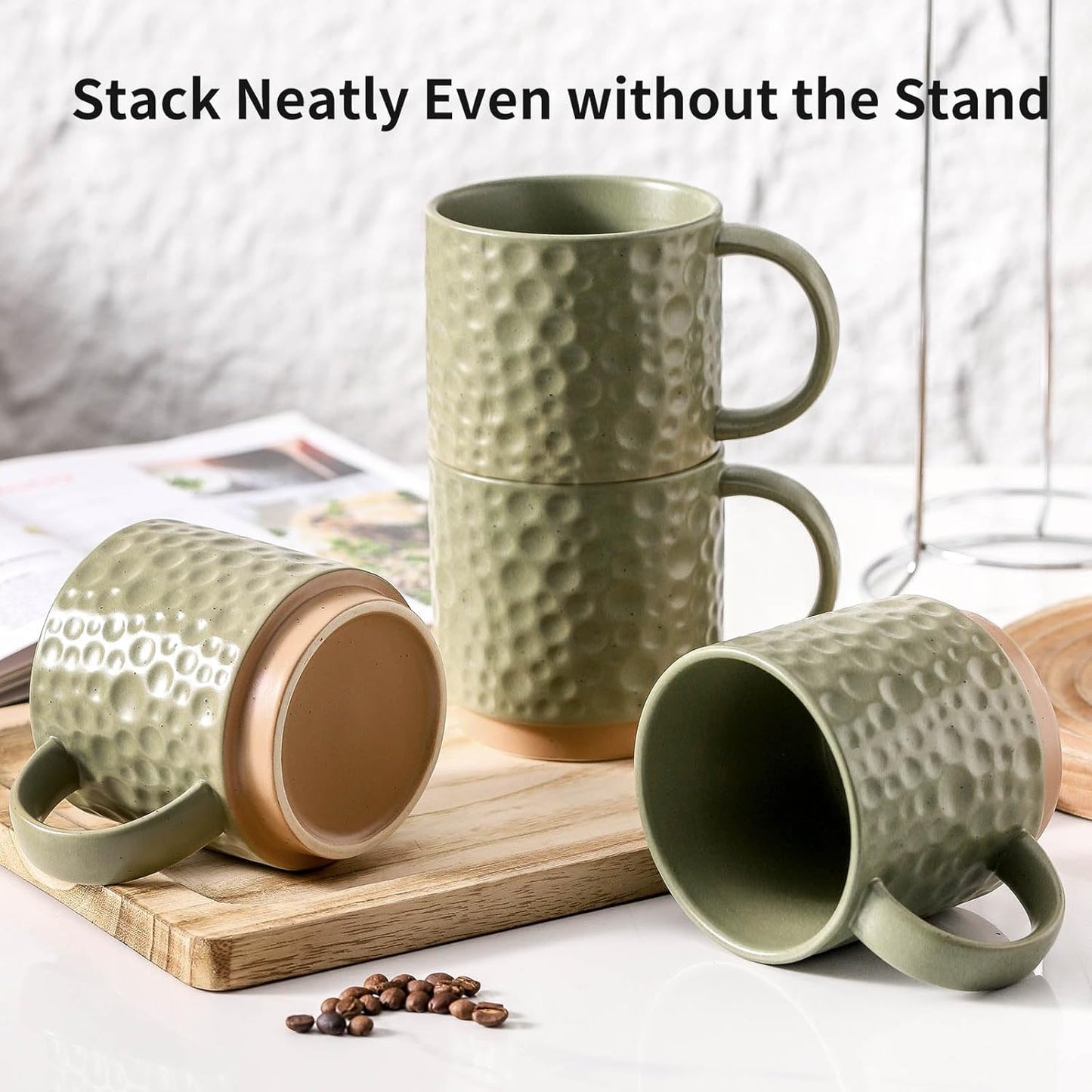 Nihow Ceramic Coffee Mug Set of 4, 16OZ Stackable Coffee Mug Set with Stainless Stand,Large Cup Set for Cappuccino,Tea,Hot/Cold Drinks,Dishwasher & Microwave Safe,Matte Green