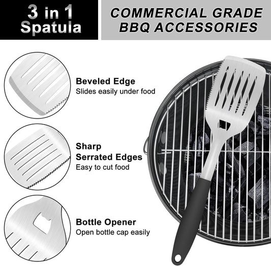 15.8'' Stainless Steel Grill Spatula for Outdoor Grill, 3-in-1 Metal BBQ Spatula Turner with Full Tang Silicone Handle and Serrated Edge, Heavy Duty Barbecue Tools Spatula for Grilling Cooking