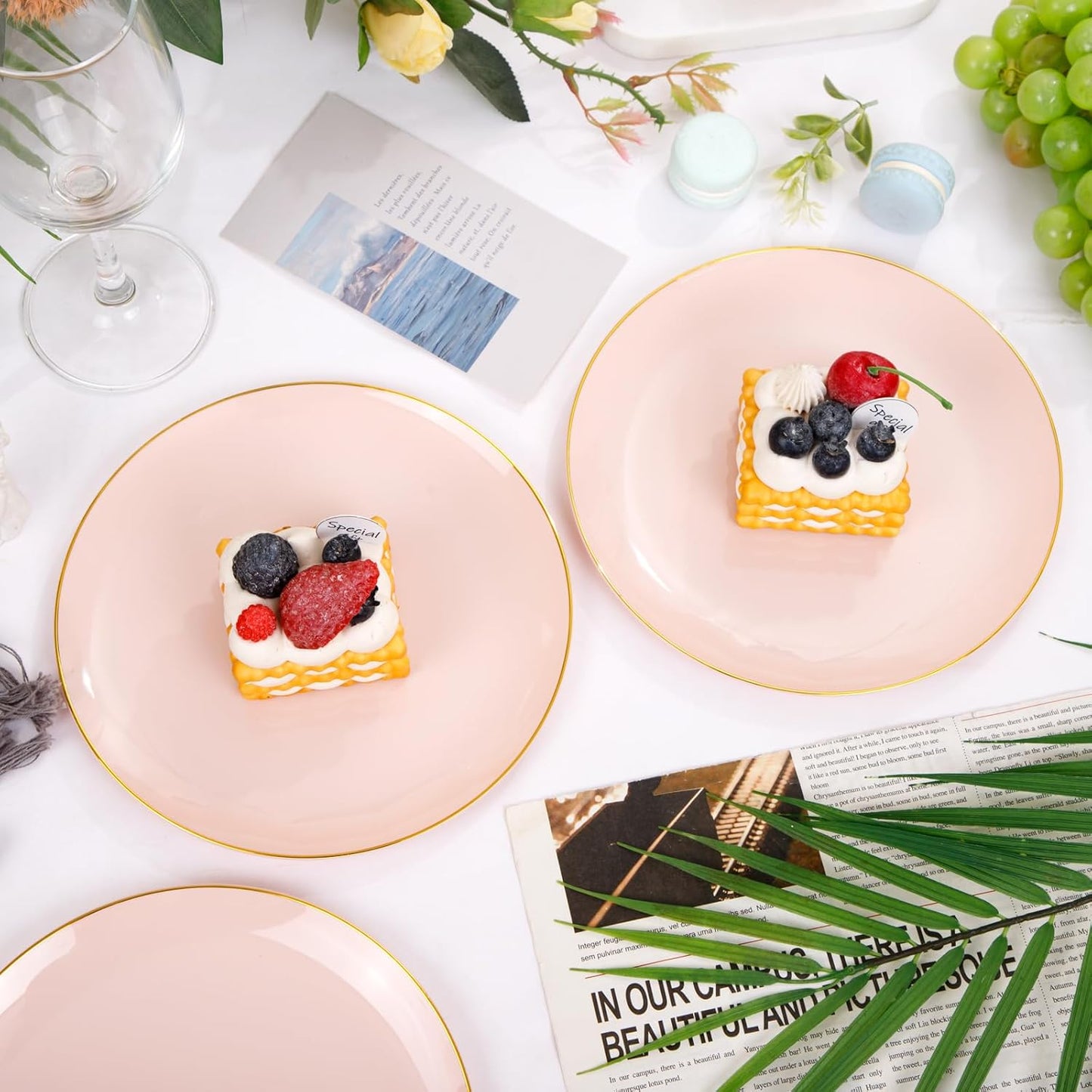 Rubtlamp 200Pcs Plastic Pink Dessert Plates with Disposable Gold Forks,Heavy Duty Pink Disposable Salad Platos,Gold Small Platos,Fancy Appetizer Plates for Mother's Day