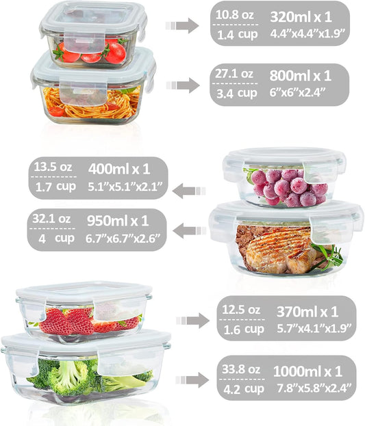 Glass Food Storage Containers with Lids Airtight 6 Pack, Glass Storage Containers with Lids for Food, Not Easy Broken & Leak Proof, Oven/Dishwasher Safe, Grey