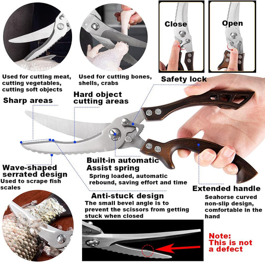 ANDONG Kitchen Scissors, Heavy Duty Professional Poultry Shears, Stainless Steel Spring Loaded, Dishwasher Safe, with Black Leather Sheath