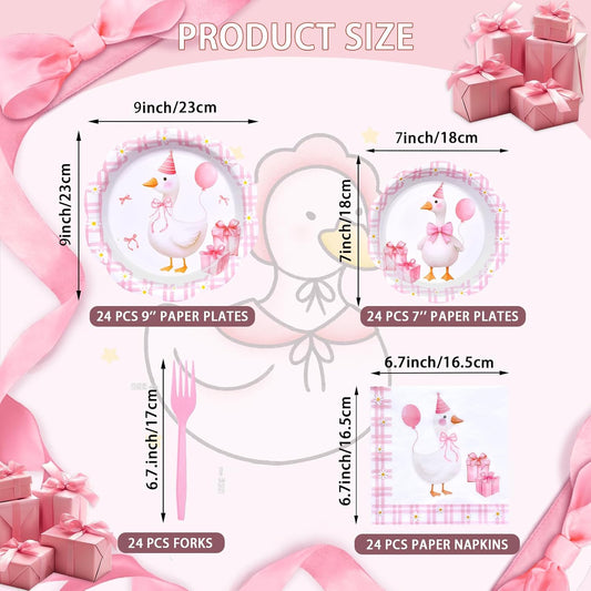 96 Pieces Pink Goose Birthday Tableware Set Party Supplies – Scalloped Animal-Themed Disposable Dinnerware with Paper Plates, Napkins, and Forks for Girls Parties and Baby Showers – Serves 24
