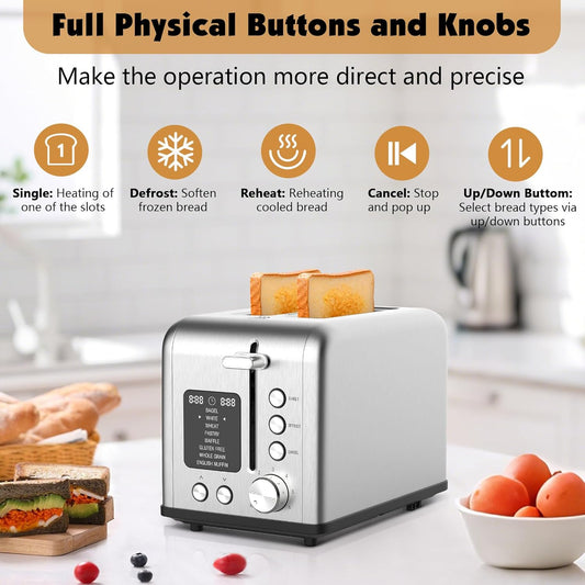 2-Slice Toaster with 8 Bread Types & 6 Browning Levels, Timer Count-down Display, Defrost, Reheat and Cancel Setting with LED Lighting, Extra lifting, Self-centering and Single Function, 825W
