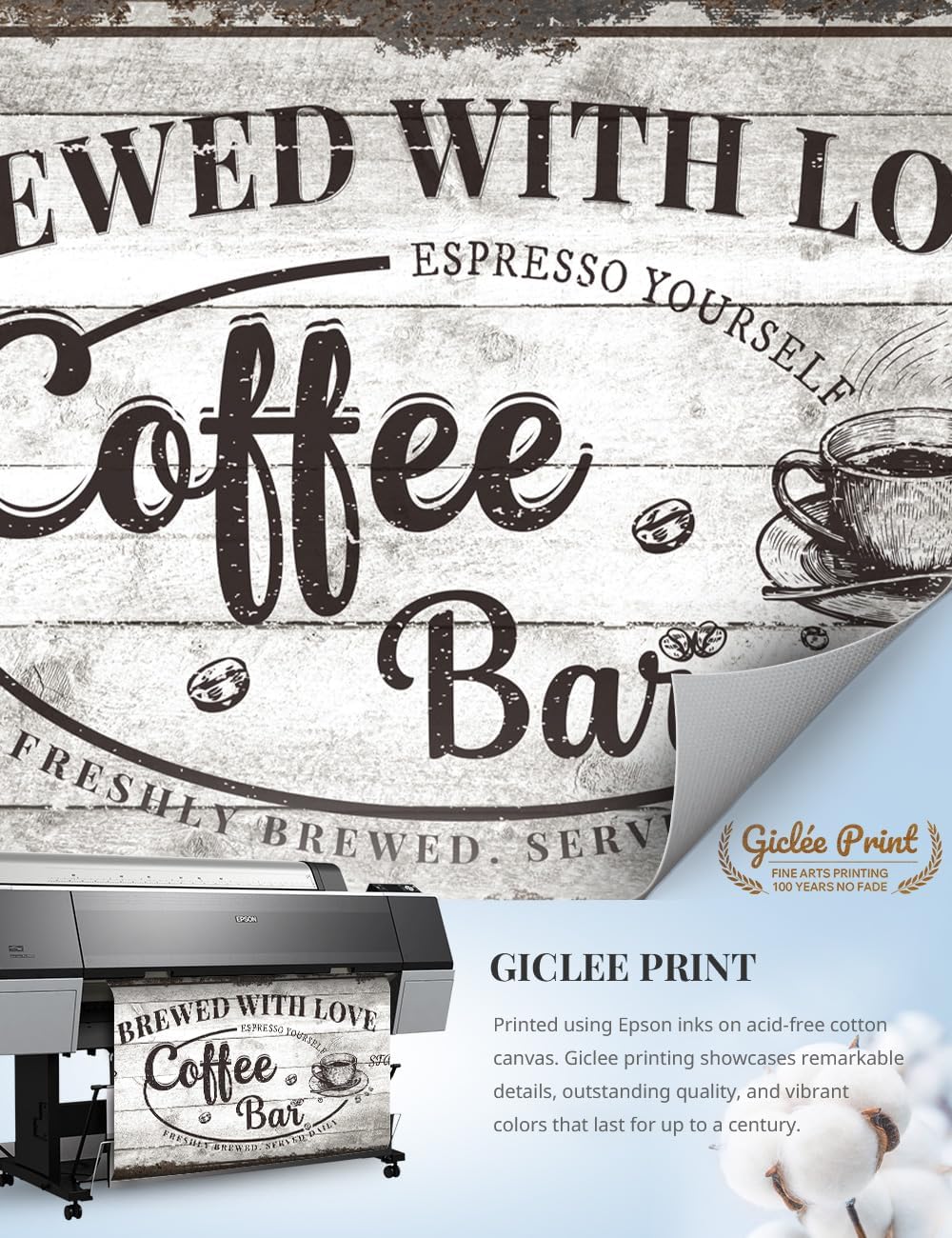 IPIC - Vintage Coffee Bar Sign Brewed with Love, Canvas Print Wall Art for Cafe, Farmhouse Style Wall Decor for Home Kitchen and Coffee Station