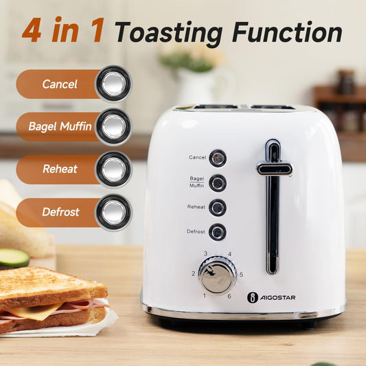 Aigostar Retro 2 Slice Toaster - Stainless Steel, Extra Wide Slots, Bagel Function, Cancel & Defrost, 6 Shade Settings, Removable Crumb Tray, White