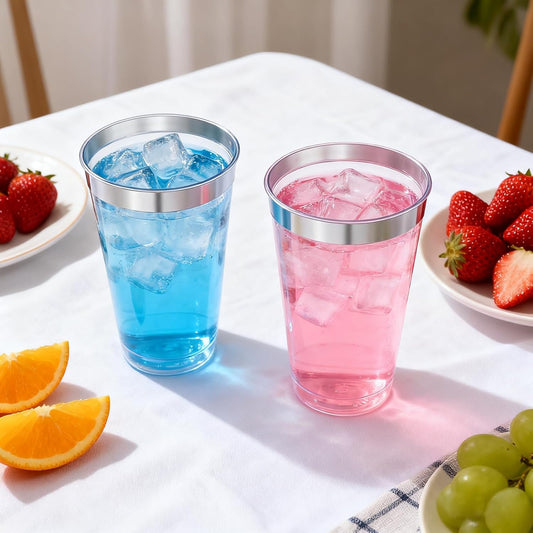 100 Pcs Silver Plastic Tumblers - 16 oz Clear and Silver Rim Plastic Wine Cups, Big Size Fancy Disposable Party Cup Beverage Drinking Cup for Party, Wedding, Halloween, Thanksgiving & Christmas