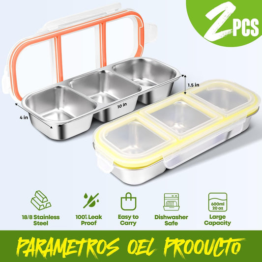 2 Pack Stainless Steel Snack Containers with Lids - Reusable 3 Compartment Snackle Box Container Divide Wet Dry Leakproof Metal Food Storage Containers for School, Home, Travel (Yellow + Orange)