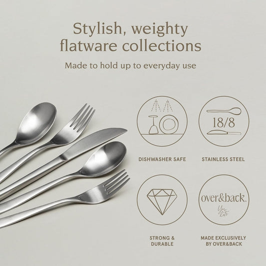 over&back 20pc Curved Flatware Cutlery Set - Comes with 4 Dinner Forks, 4 Salad Forks, 4 Dinner Knives, 4 Dinner Spoons, and 4 Teaspoons - 18/8 Stainless Steel - Dishwasher-Safe - Brushed Stainless