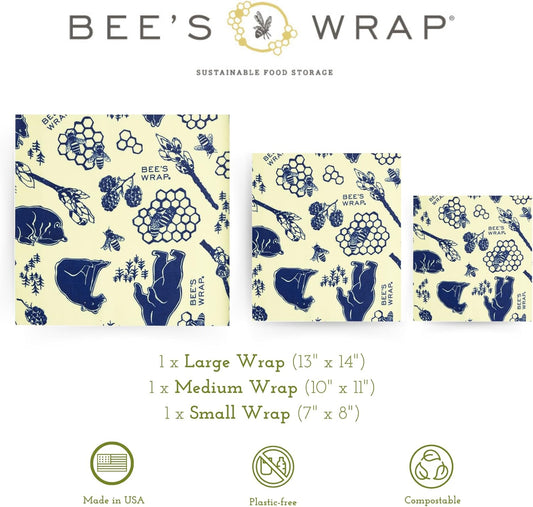Bee's Wrap Beeswax Wraps for Food - Made in USA Reusable & Organic Food Wraps, Sandwich Wrap & Bowl Covers - Eco-Friendly Alternative to Aluminum Foil & Plastic Wrap, Bee's + Bears 3 Pack (S, M, L)