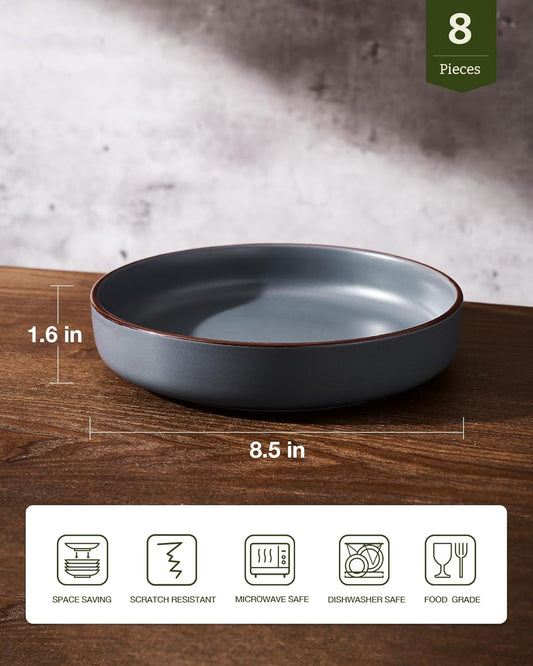 famiware Mercury Pasta Bowls Set of 8, 33 oz Large Salad Bowls, Ceramic Pasta Plates Bowls, Serving Bowls for Kitchen, Microwave & Dishwasher Safe, Charcoal