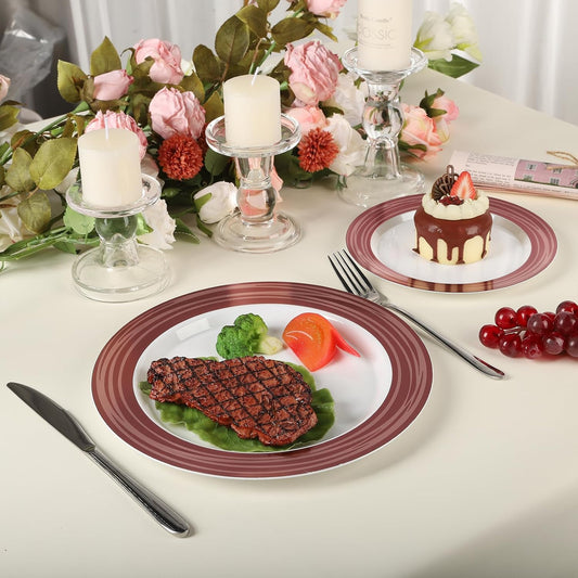 100PCS Reddish Brown Disposable Plastic Plates Include 50PCS 10.25inch Dinner Plate and 50PCS 7.5inch Dessert Plate Heavy Duty Plastic Dinnerware for Party Wedding Anniversary New Year