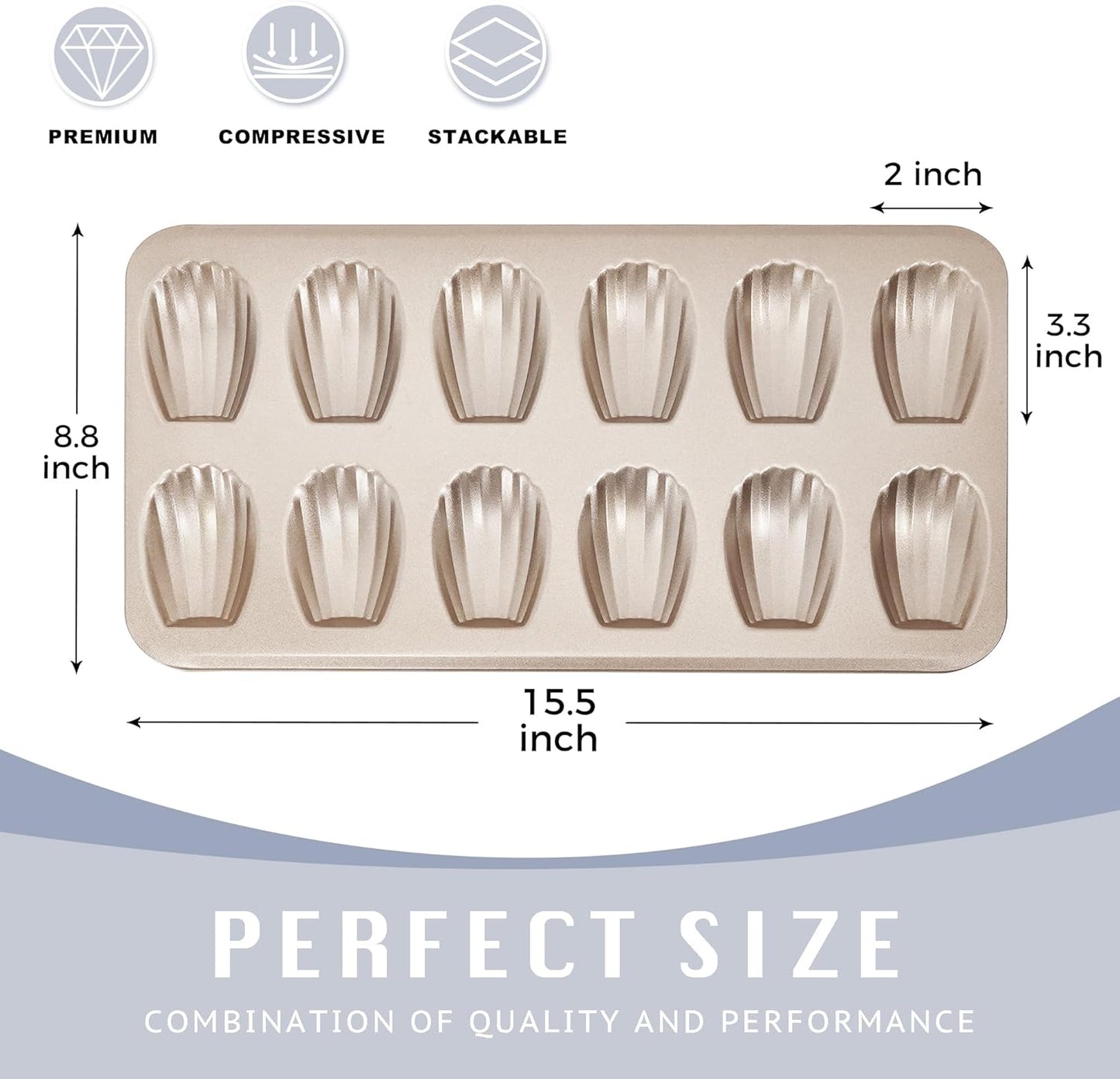 HONGBAKE Nonstick Madeleine Pan 2 Pack 12-Cavity Heavy Duty Madeleine Cookies Trays for Oven Baking, Warp Resistant Shell Shape Madeleine Mold Cake Pan, Champagne Gold